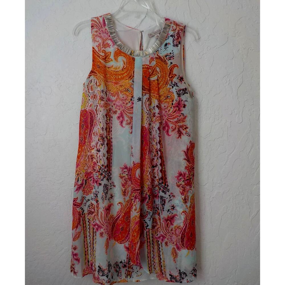 Dressbarn Orange Floral Shift Dress Women 10 Chiffon Sleeveless Casual Festival